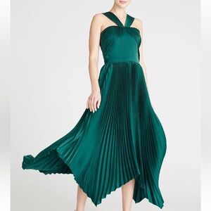 THEIA Pine Green Pleated Asymmetrical Gown NWT | Formal Wedding Evening Gown